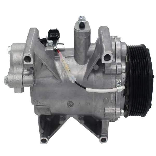 a car air conditioning compressor, predominantly white in color with a metallic sheen on parts of its surface. It has a compact, rectangular - like shape with various protrusions and connections. There are visible pipes and electrical connectors attached to it, indicating its function in the vehicle's air - conditioning system.