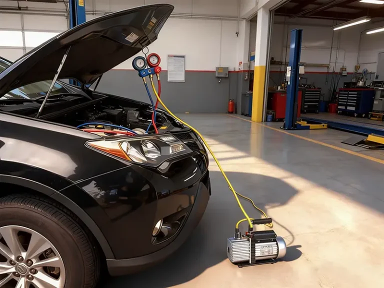 Detailed illustration of evacuating an automotive air conditioning system. The image shows a car’s AC system with hoses connected to a vacuum pump.