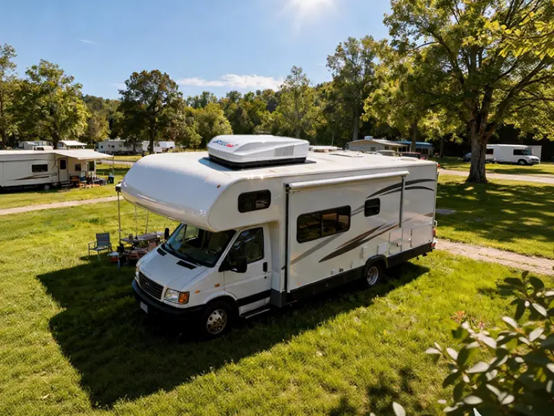 Picture showing a roof mounted RV Air Conditioner with brand ACTECmax