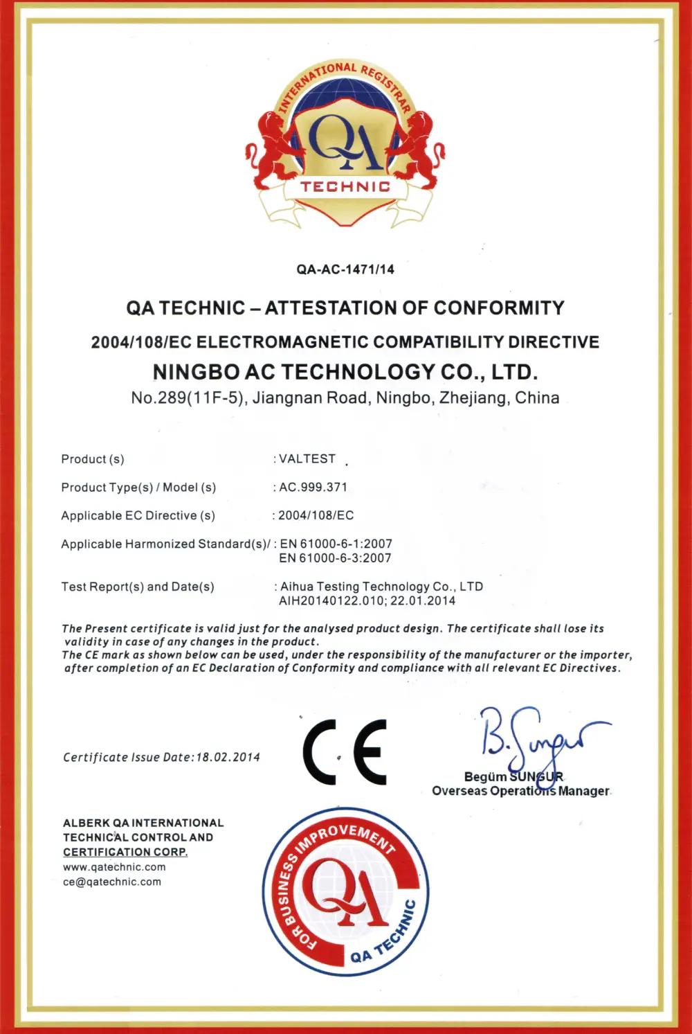 ce certificate valve test