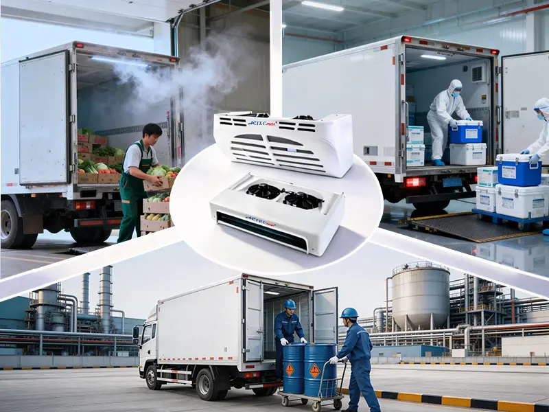 Banner showcasing the applications of transport refrigeration units, highlighting their use in maintaining optimal temperatures for vegetables, pharmaceuticals, and perishable goods during transportation.