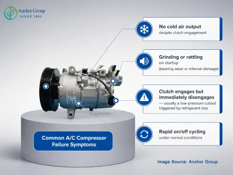 Picture shows Automotive A/C compressor failure symptoms including no cold air, grinding noise, clutch cycling issues and refrigerant-related cooling problems.