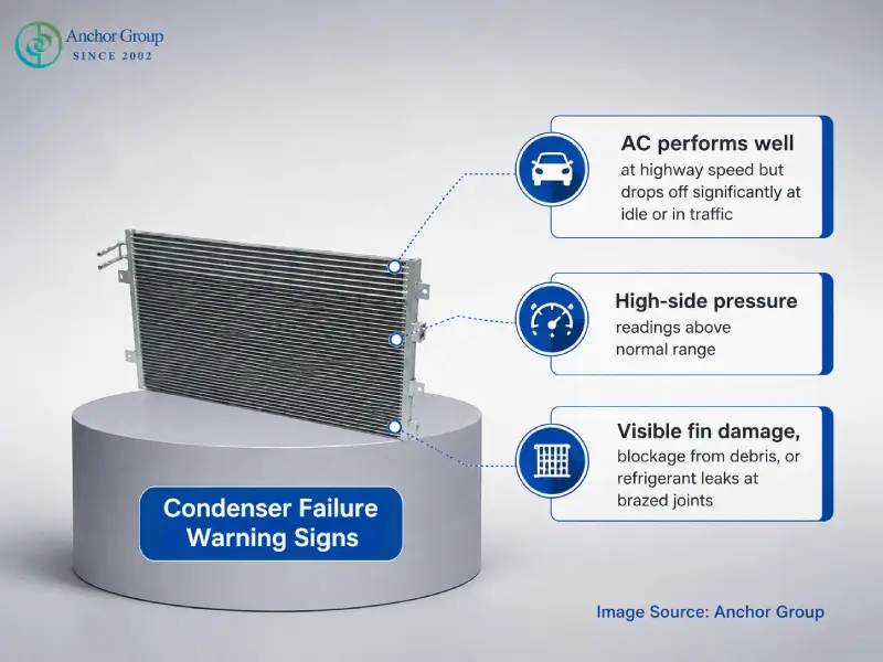 picture shows Automotive A/C condenser failure symptoms including poor cooling, refrigerant leaks, high system pressure and overheating caused by restricted airflow.