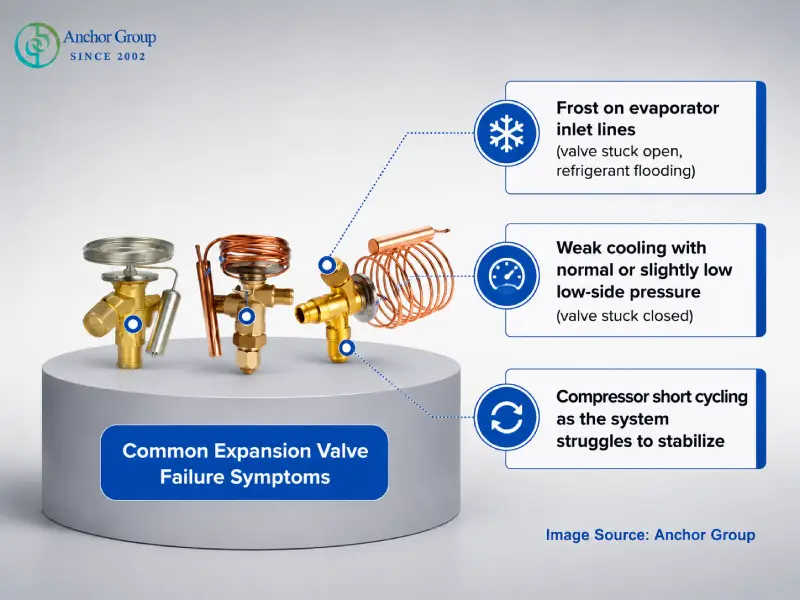 Picture shows Automotive A/C expansion valve failure symptoms including evaporator frost, weak cooling performance, low-side pressure issues and compressor short cycling.