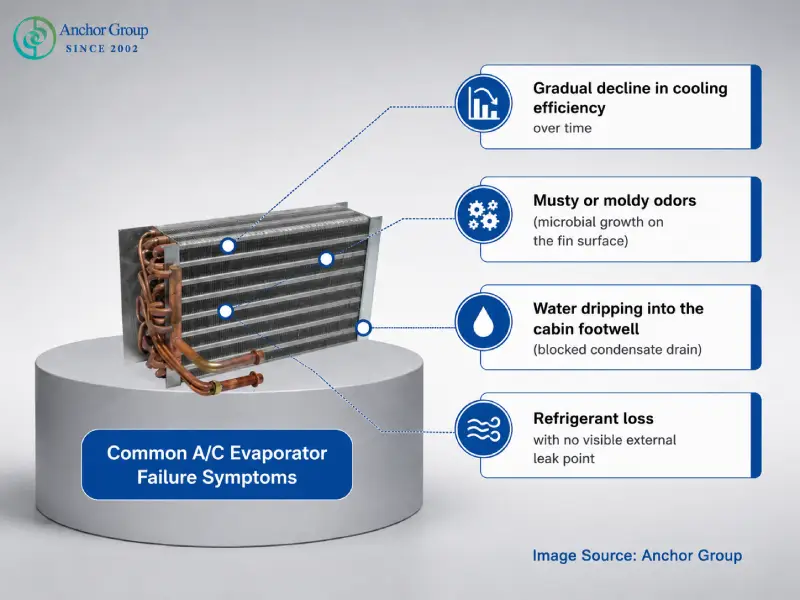 Picture shows Common automotive A/C evaporator failure symptoms including reduced cooling performance, musty odors, water leakage inside the cabin, and refrigerant loss without visible external leaks.