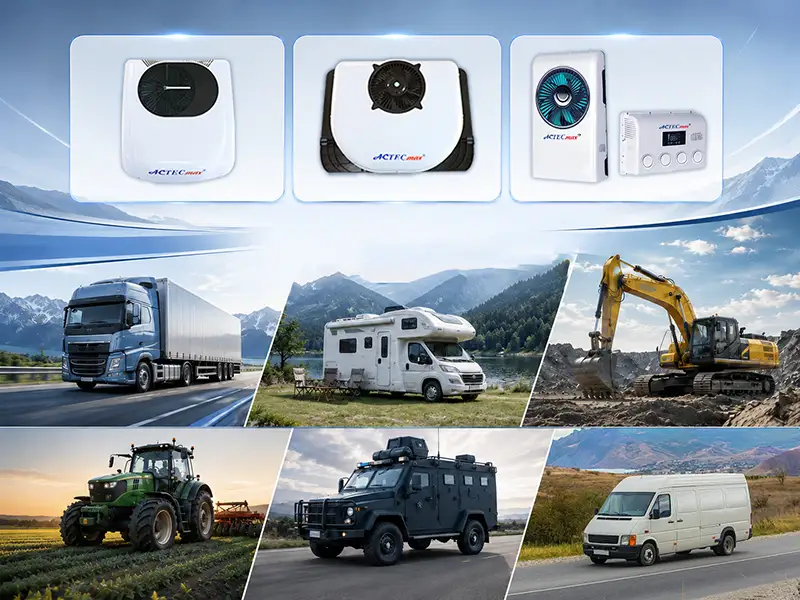 This picture shows the various applications of an electric ac for car(parking air conditioner)