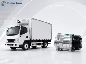 this picture shows an ACTECmax ac compressor beside a refrigerated vehicle