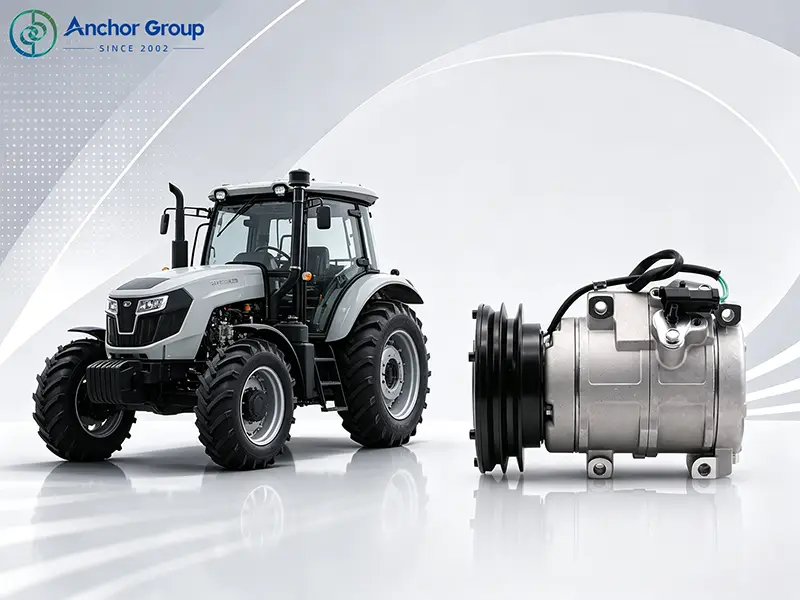 this picture shows an ACTECmax ac compressor beside a farming machine