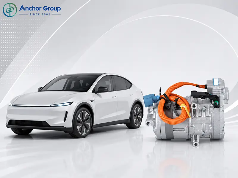 this picture shows an ACTECmax ac compressor beside an electric vehicle
