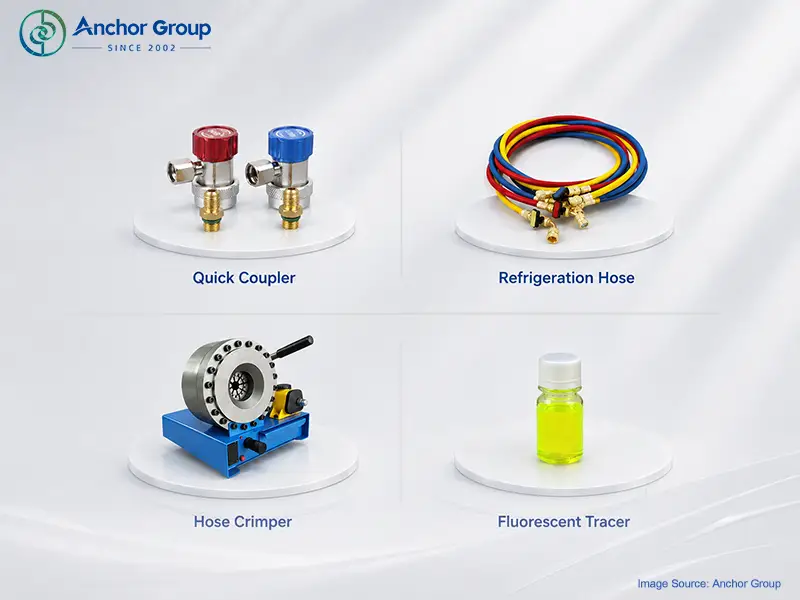 this picture display auxuliary automotive HVAC service tools for repair including quick coupler, hose crimper, refrigerant charging hose and fluorescent tracer